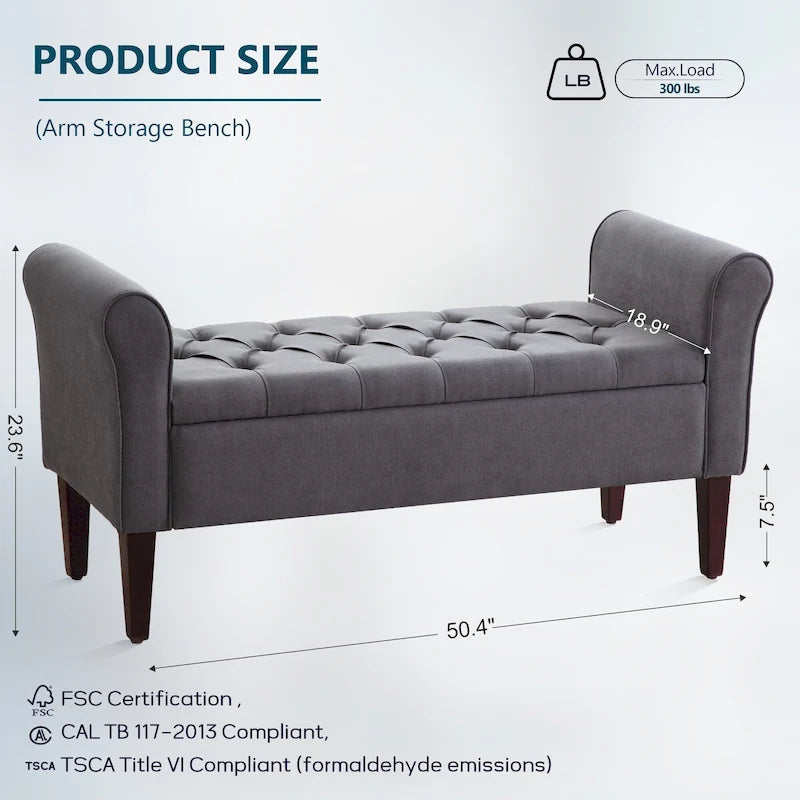 Upholstered Storage Bench Arm Bench Entryway Bench with Tufted Flip Top 50.4 Inches