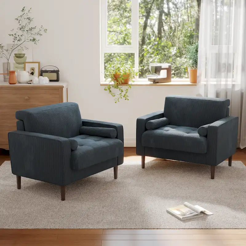 Oversized Accent Chairs Set of 2 Corduroy Fabric with Wooden Legs
