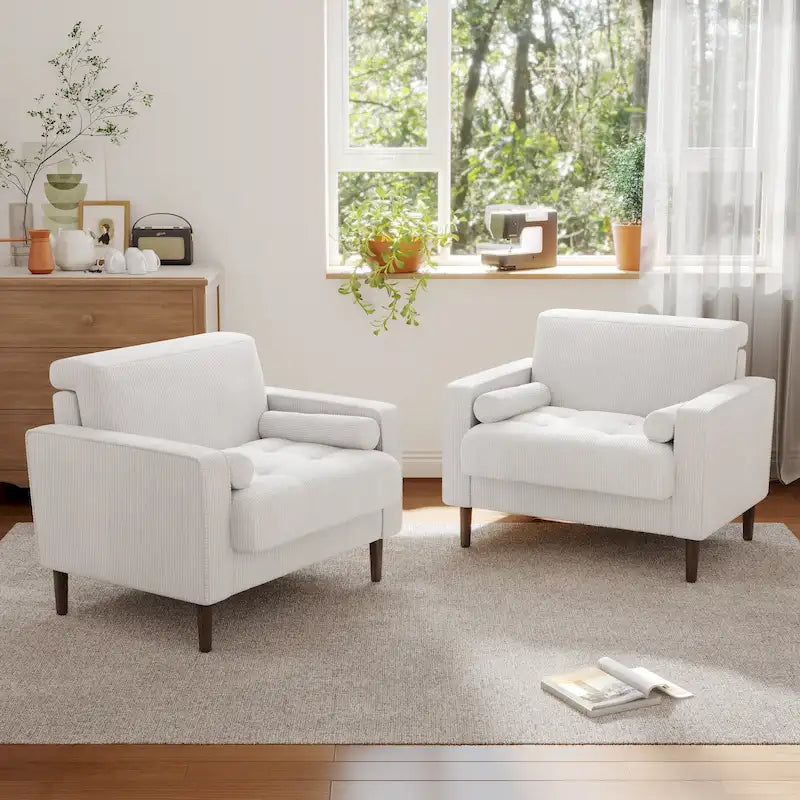 Oversized Accent Chairs Set of 2 Corduroy Fabric with Wooden Legs