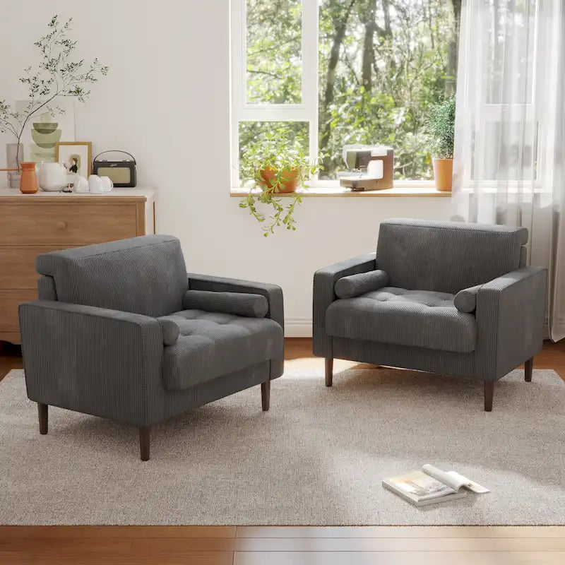 Oversized Accent Chairs Set of 2 Corduroy Fabric with Wooden Legs