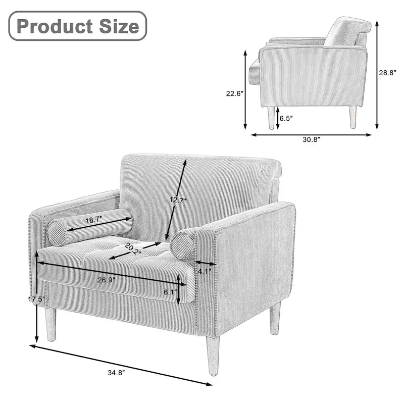 Oversized Accent Chairs Set of 2 Corduroy Fabric with Wooden Legs