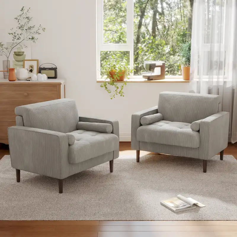 Oversized Accent Chairs Set of 2 Corduroy Fabric with Wooden Legs