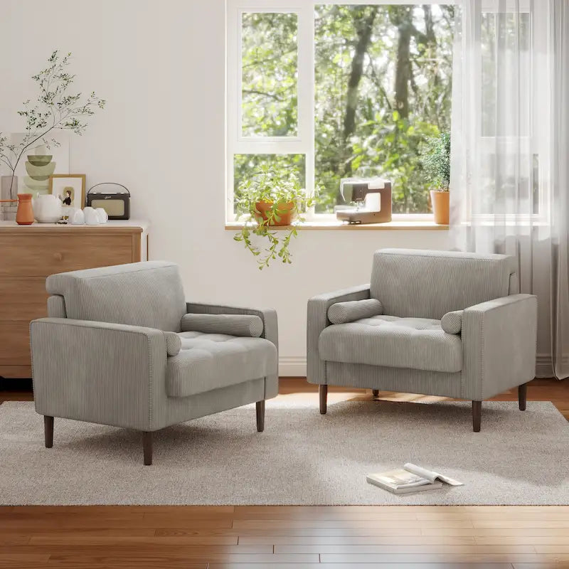 Oversized Accent Chairs Set of 2 Corduroy Fabric with Wooden Legs