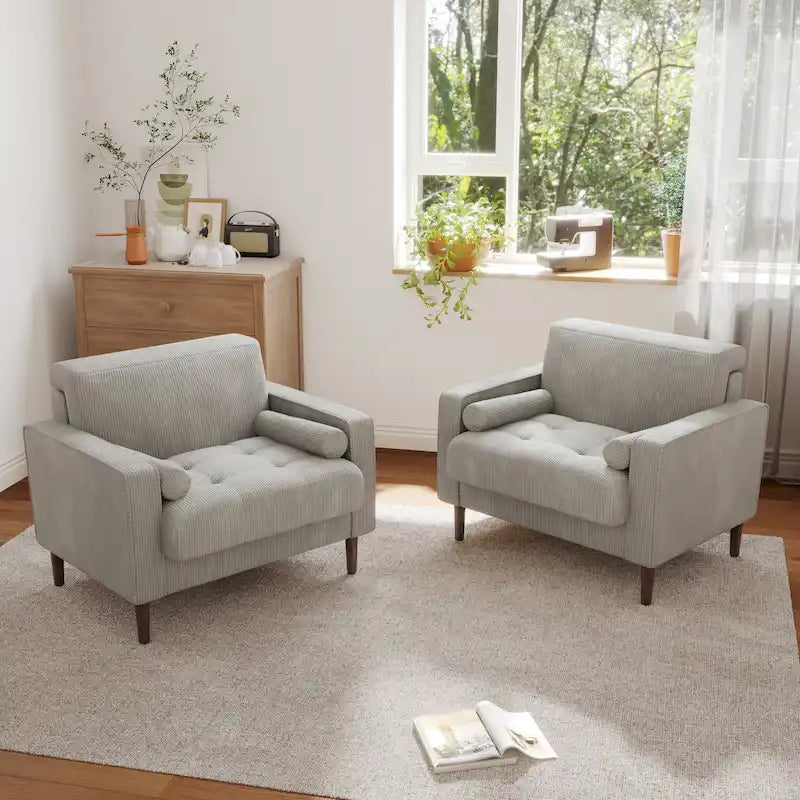 Oversized Accent Chairs Set of 2 Corduroy Fabric with Wooden Legs