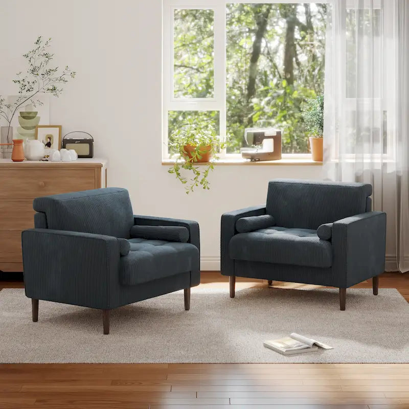 Oversized Accent Chairs Set of 2 Corduroy Fabric with Wooden Legs
