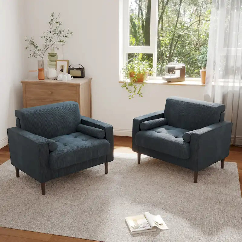 Oversized Accent Chairs Set of 2 Corduroy Fabric with Wooden Legs