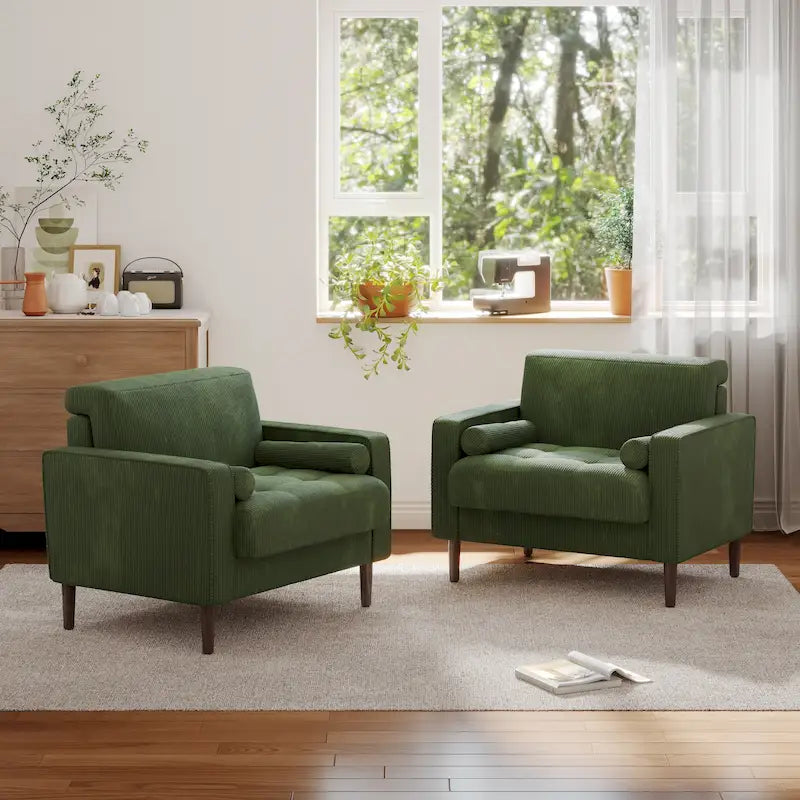 Oversized Accent Chairs Set of 2 Corduroy Fabric with Wooden Legs