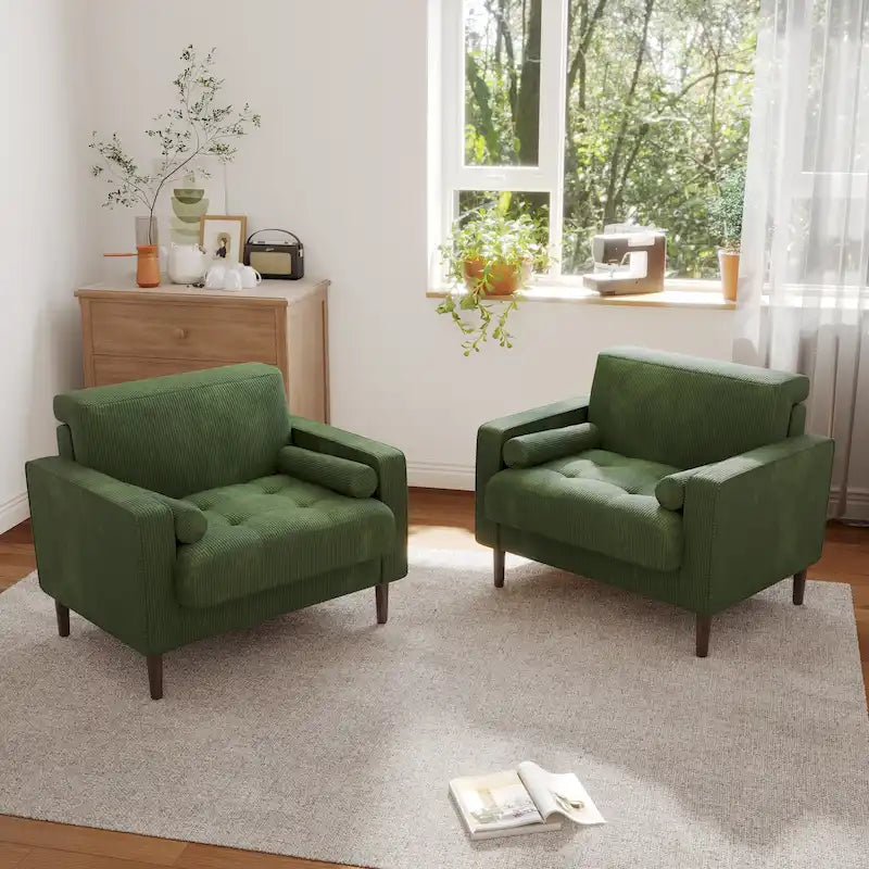 Oversized Accent Chairs Set of 2 Corduroy Fabric with Wooden Legs