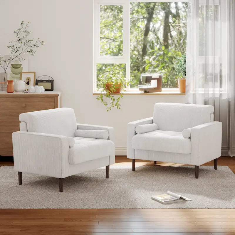 Oversized Accent Chairs Set of 2 Corduroy Fabric with Wooden Legs