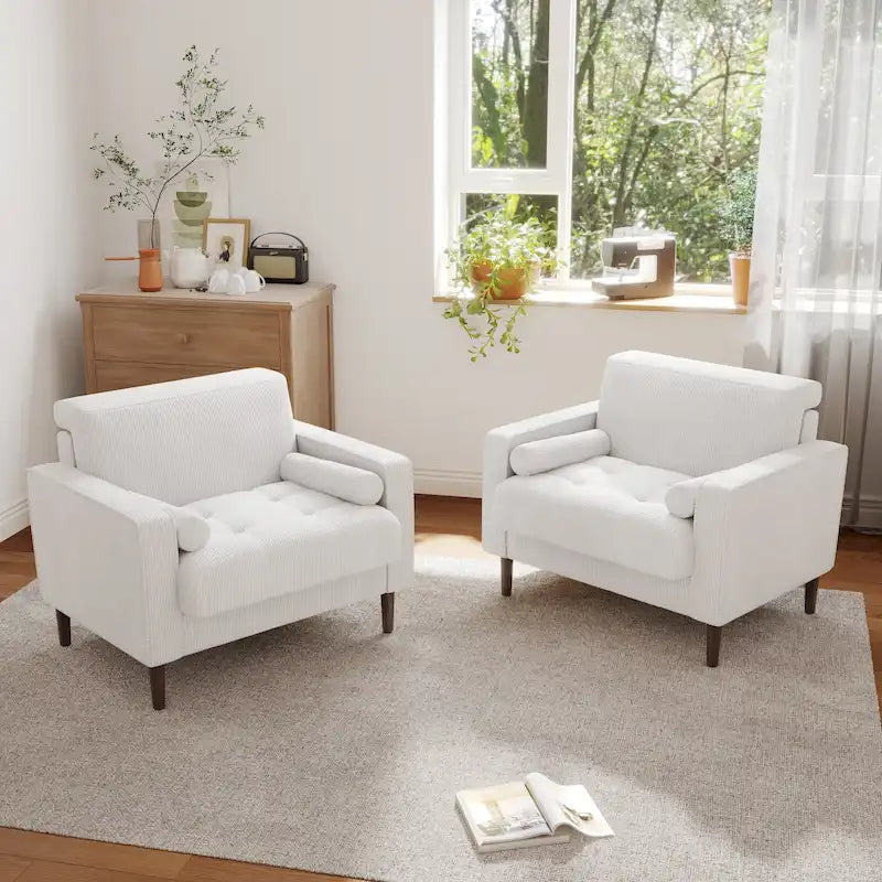 Oversized Accent Chairs Set of 2 Corduroy Fabric with Wooden Legs