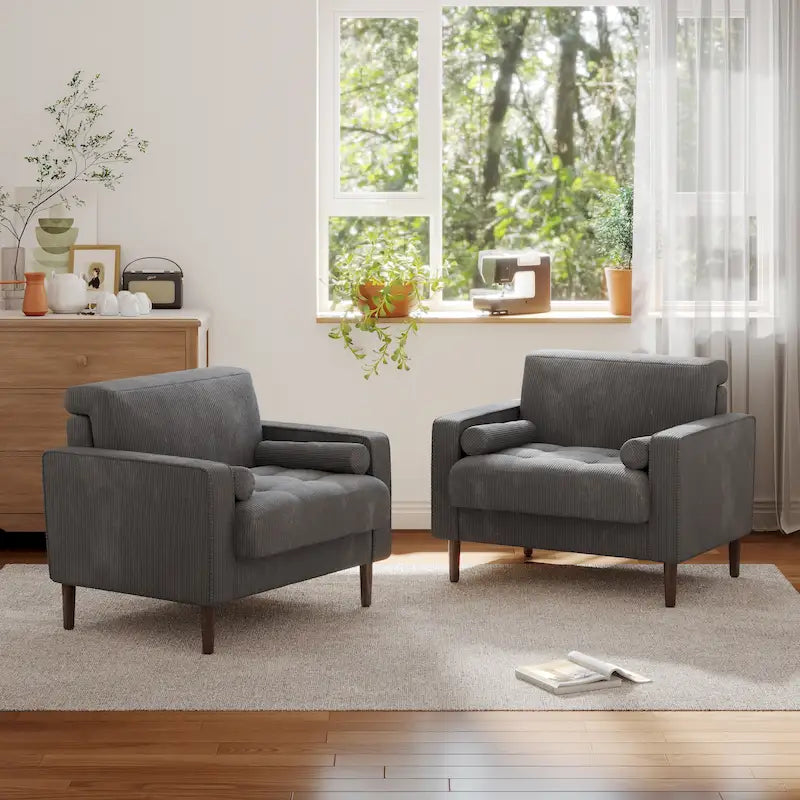 Oversized Accent Chairs Set of 2 Corduroy Fabric with Wooden Legs