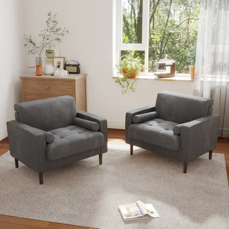 Oversized Accent Chairs Set of 2 Corduroy Fabric with Wooden Legs