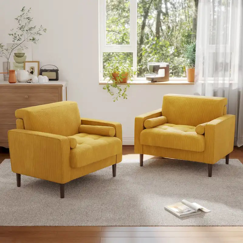 Oversized Accent Chairs Set of 2 Corduroy Fabric with Wooden Legs