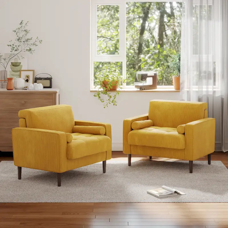 Oversized Accent Chairs Set of 2 Corduroy Fabric with Wooden Legs