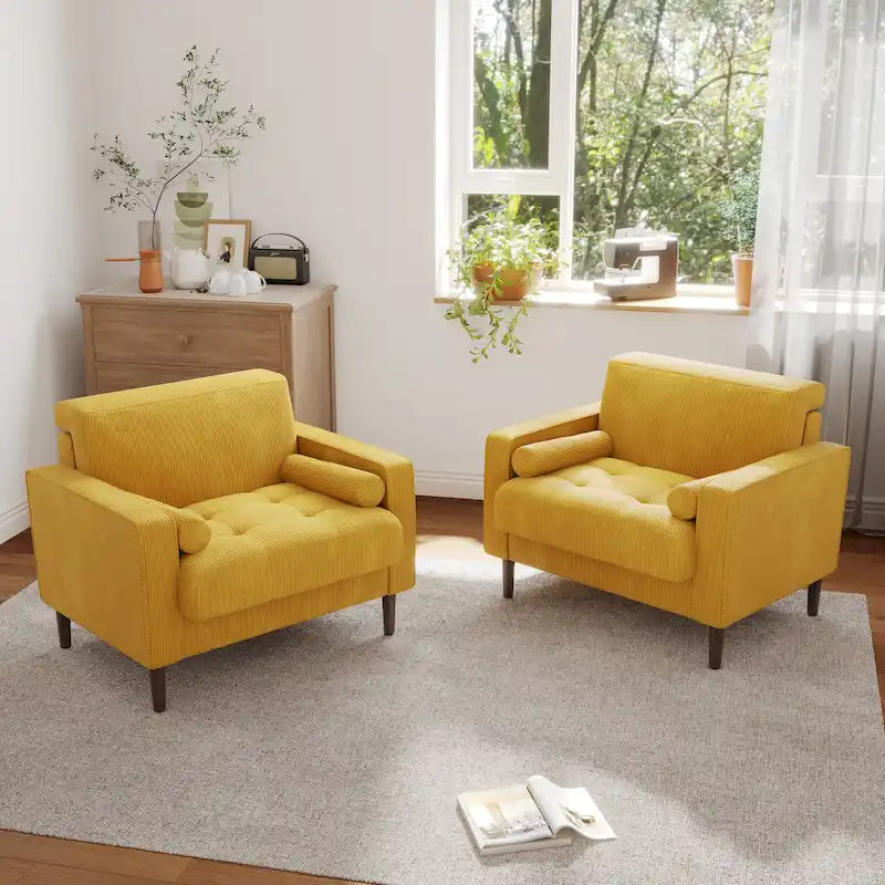 Oversized Accent Chairs Set of 2 Corduroy Fabric with Wooden Legs