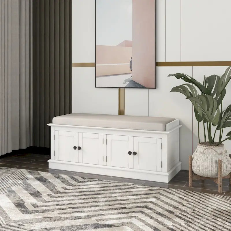 Storage Shoes Bench with 4 Doors and Adjustable Shelves, Removable Cushion