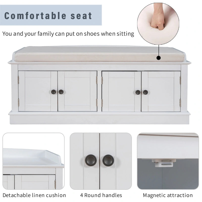 Storage Shoes Bench with 4 Doors and Adjustable Shelves, Removable Cushion