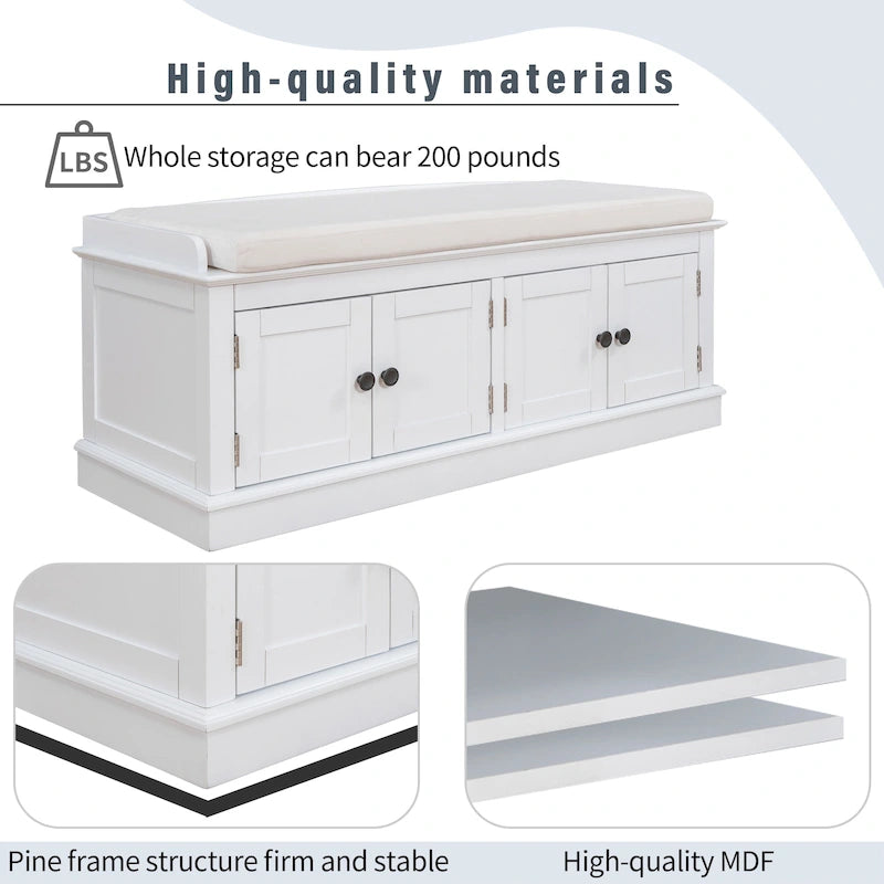 Storage Shoes Bench with 4 Doors and Adjustable Shelves, Removable Cushion