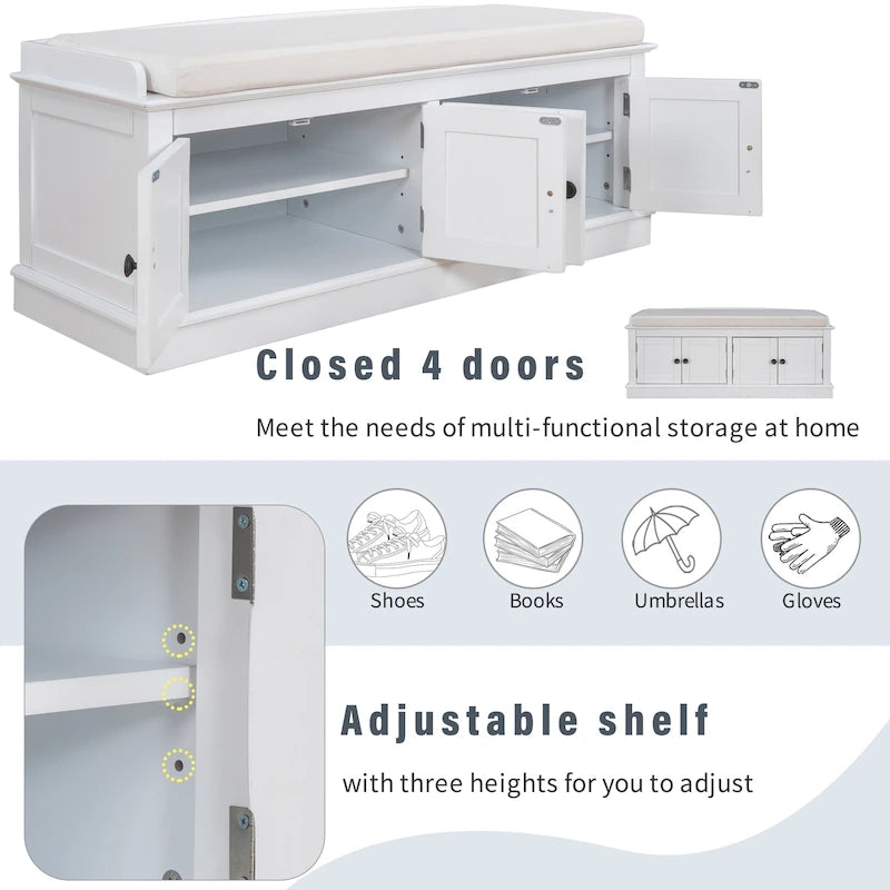 Storage Shoes Bench with 4 Doors and Adjustable Shelves, Removable Cushion