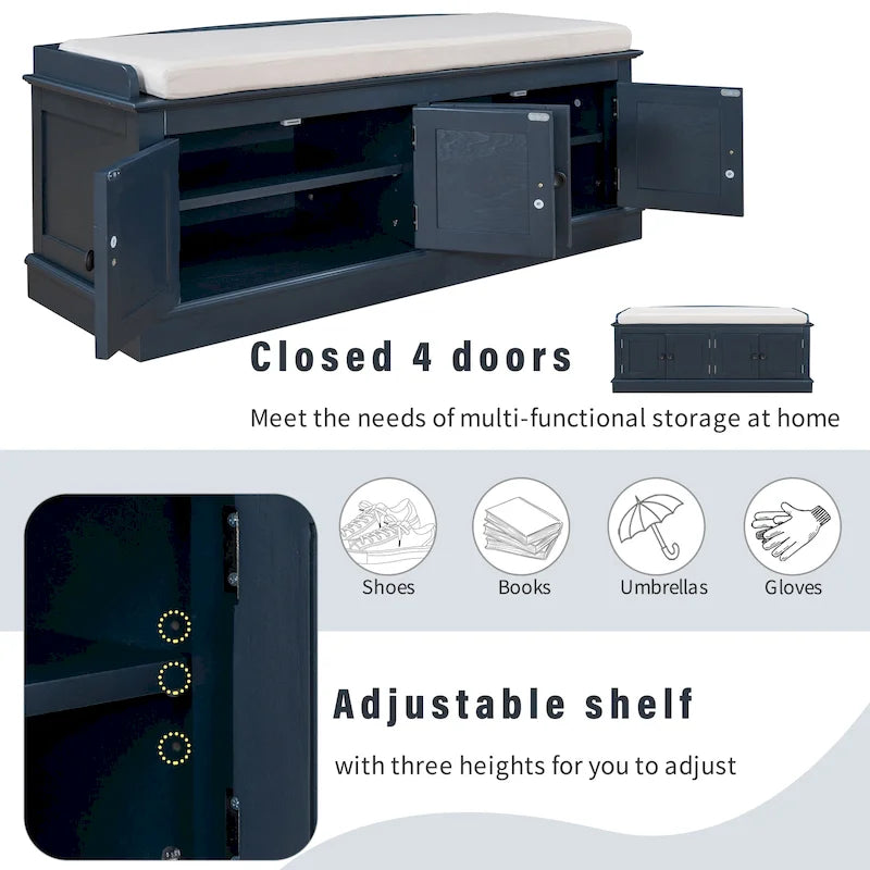 Storage Shoes Bench with 4 Doors and Adjustable Shelves, Removable Cushion
