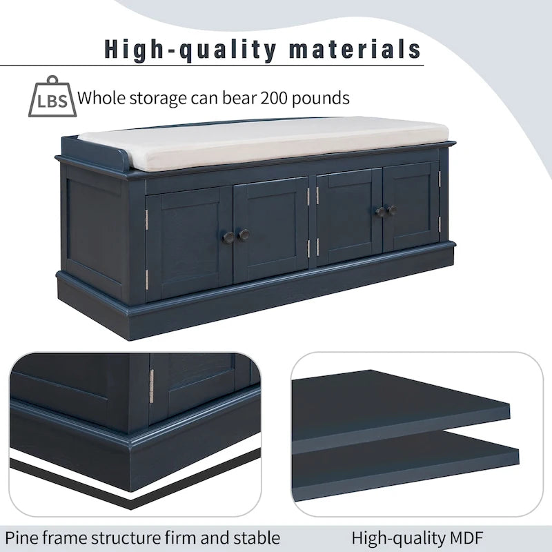 Storage Shoes Bench with 4 Doors and Adjustable Shelves, Removable Cushion