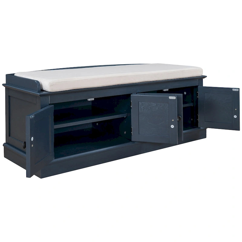 Storage Shoes Bench with 4 Doors and Adjustable Shelves, Removable Cushion