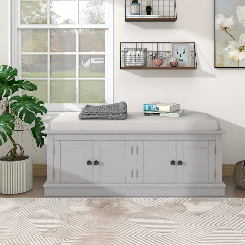 Storage Shoes Bench with 4 Doors and Adjustable Shelves, Removable Cushion