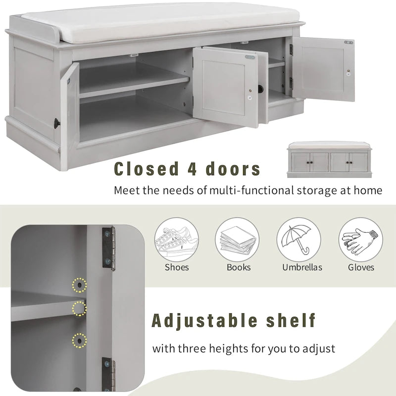 Storage Shoes Bench with 4 Doors and Adjustable Shelves, Removable Cushion