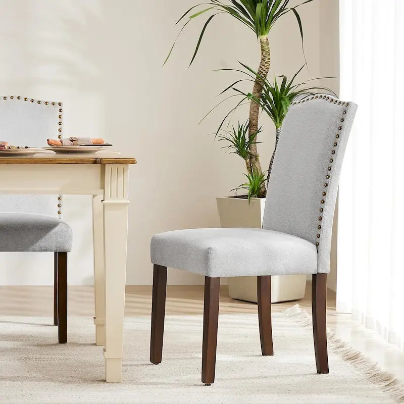 Gepolsterte Esszimmerstühle, 2er-Set, moderne gepolsterte Stoffstühle für das Esszimmer mit Nagelkopfbesatz und Holzbeinen