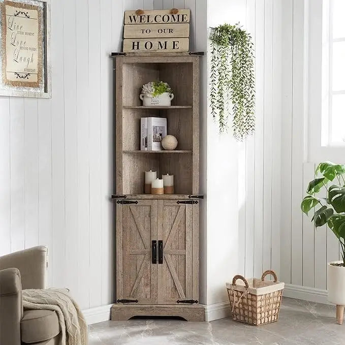 Hoher Eckschrank im Landhausstil, Aufbewahrungsschrank, platzsparend für den Wohnbereich