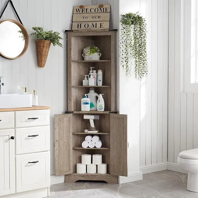 Hoher Eckschrank im Landhausstil, Aufbewahrungsschrank, platzsparend für den Wohnbereich